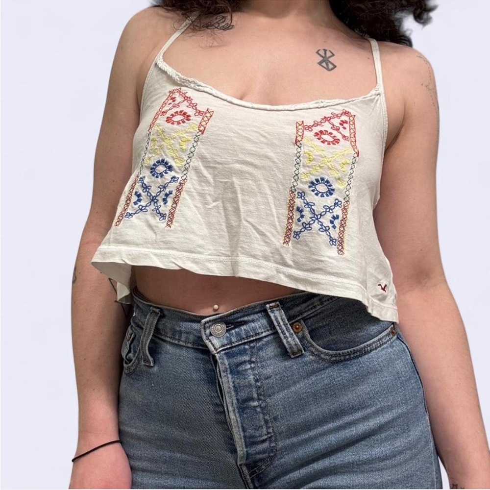Hollister White Embroidered Racerback Crop Top